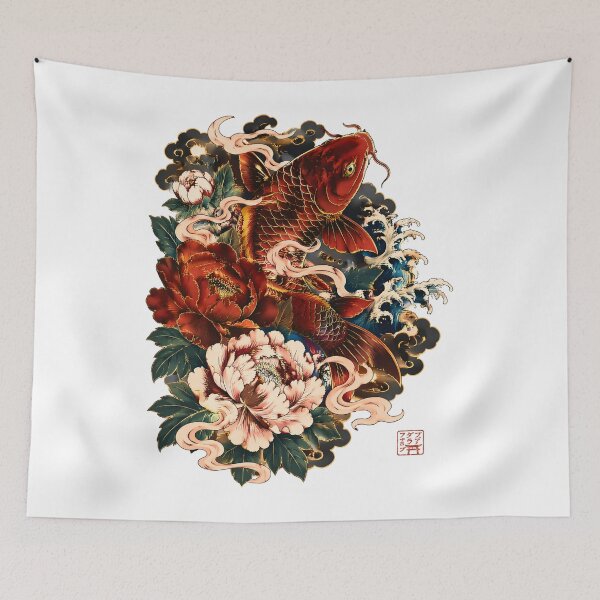Item preview, Crimson Koi Fish Art – Japanese Peony Floral Ukiyo-e Style Illustration designed and sold by kaxymax.