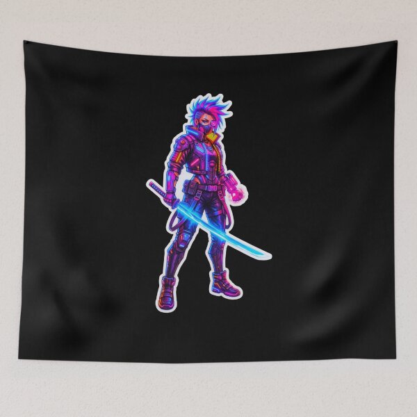 Item preview, Neon Cyber Samurai Warrior Synthwave Gaming Art Sticker designed and sold by ExploreAura Studio.