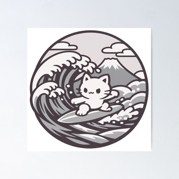 Item preview, Kawaii Surfing White Cat Japanese Wave Sticker | Cute Japan Ocean Anime Design designed and sold by kawaii animal store (in Japan).