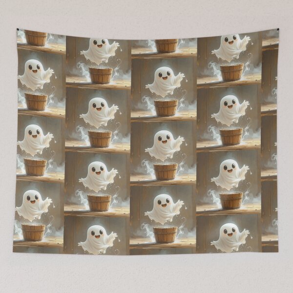 Item preview, Ghost Floating Above Wooden Bucket Halloween Art designed and sold by OksArtStudio.