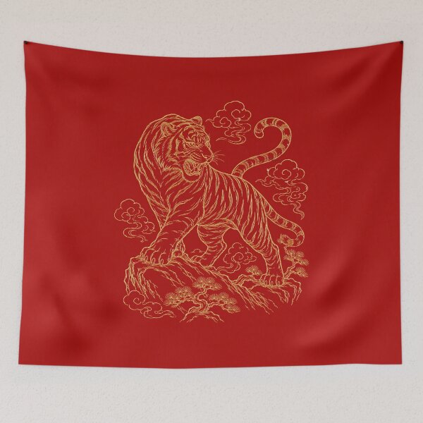 Item preview, Gold Tiger Roaring Asian Line Art Aesthetic designed and sold by Soluna Studio.