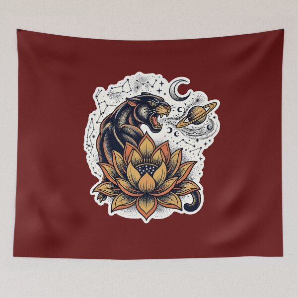 Item preview, Cosmic Panther Tattoo Art Sticker | Retro Celestial Floral Decal | Mystical Animal & Lotus Vinyl Sticker | Aesthetic Boho Tattoo Decal designed and sold by SergioMiklos.