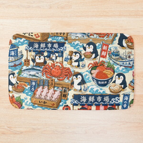 Item preview, Kawaii Penguin Seafood Market Seamless Pattern | Cute Japanese Fish Market Wrapping Paper Design designed and sold by kawaii animal store (in Japan).