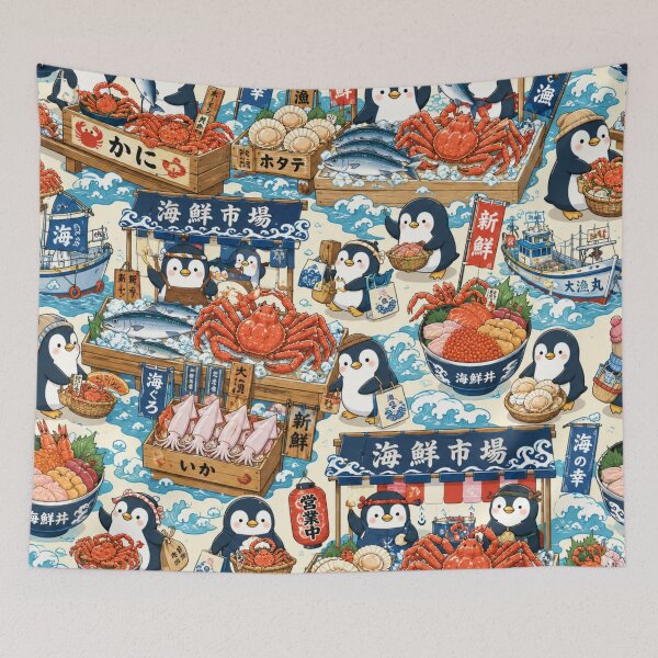 Item preview, Kawaii Penguin Seafood Market Seamless Pattern | Cute Japanese Fish Market Wrapping Paper Design designed and sold by kawaii animal store (in Japan).