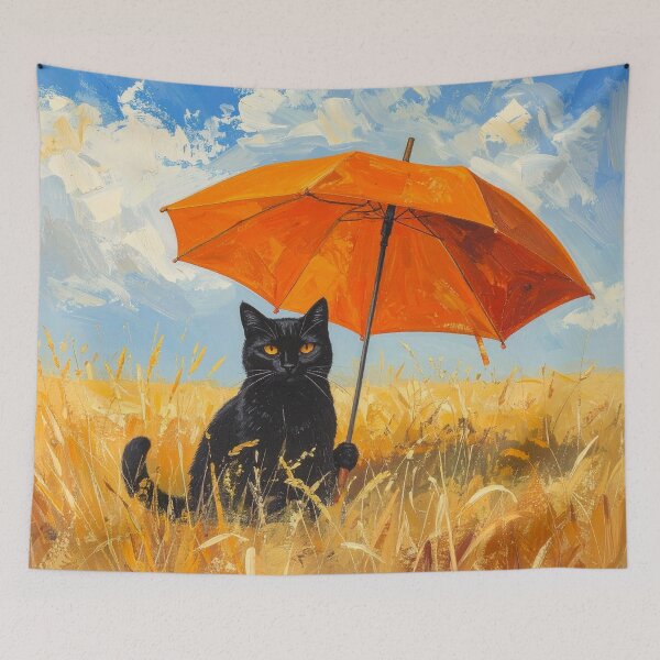 Item preview, Black Cat with Orange Umbrella in Wheat Field designed and sold by Sasas Design.