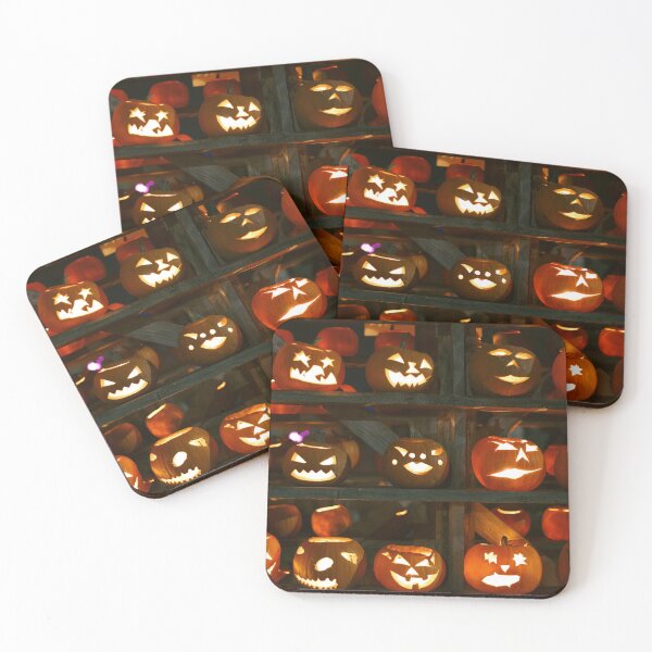 Item preview, Spooky Glowing Halloween Jack o Lantern Pumpkins on Wooden Shelves designed and sold by NorthWild.