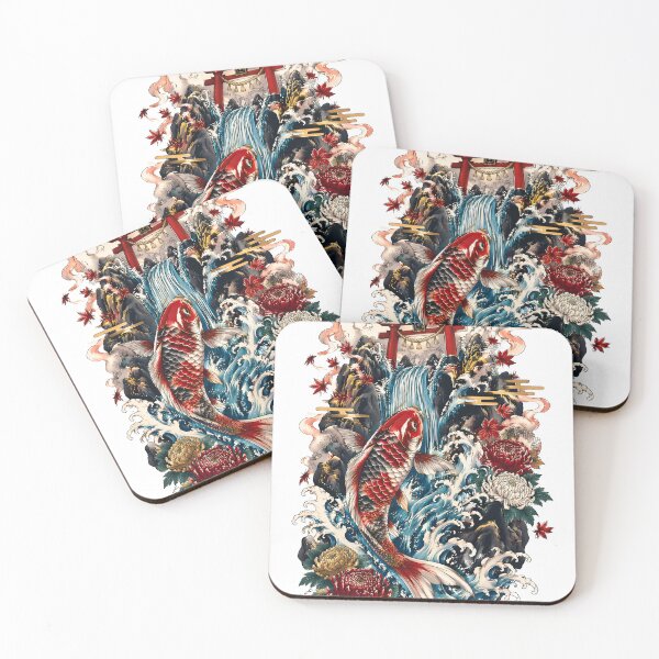 Item preview, Dragon Gate Koi Art – Japanese Koi Fish Waterfall Ukiyo-e Illustration designed and sold by kaxymax.