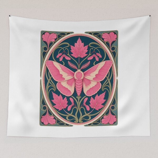 Item preview, Pink Rosy Maple Moth Art Nouveau Botanical designed and sold by AntiqueImages.