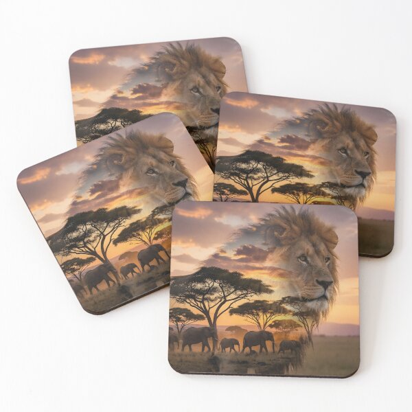 Item preview, Majestic Lion Double Exposure Savannah Sunset | Wildlife Art designed and sold by DreamyWallVibes.