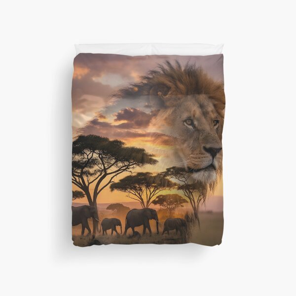 Item preview, Majestic Lion Double Exposure Savannah Sunset | Wildlife Art designed and sold by DreamyWallVibes.