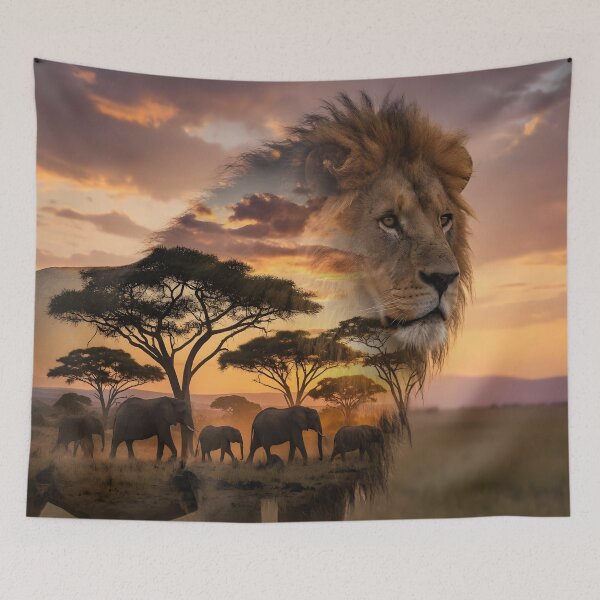 Item preview, Majestic Lion Double Exposure Savannah Sunset | Wildlife Art designed and sold by DreamyWallVibes.