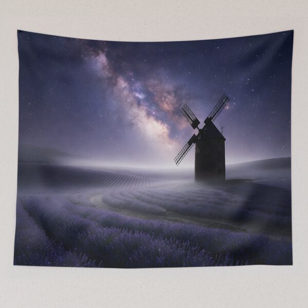 Item preview, Lavender Field Windmill Under Milky Way | Starry Night Landscape designed and sold by DreamyWallVibes.
