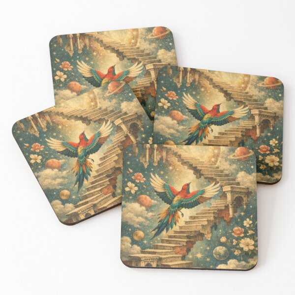 Item preview, Cosmic Bird Ascension – Surreal Fantasy Stairway Art designed and sold by Dogandesighn.