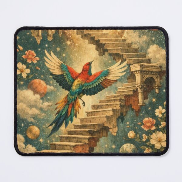 Item preview, Cosmic Bird Ascension – Surreal Fantasy Stairway Art designed and sold by Dogandesighn.