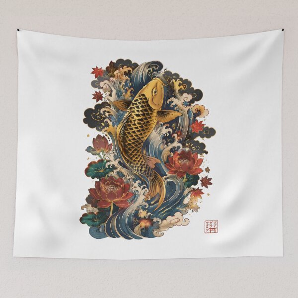 Item preview, Golden Koi Fish Art – Japanese Waterfall Lotus Ukiyo-e Style Illustration designed and sold by kaxymax.
