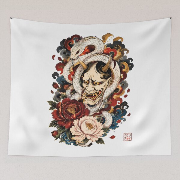 Item preview, Hannya Mask & White Serpent – Japanese Oni Yokai Tattoo Art designed and sold by kaxymax.
