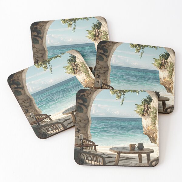 Item preview, Boho Coastal Terrace Ocean View Stone Archway Print designed and sold by Emberearth.