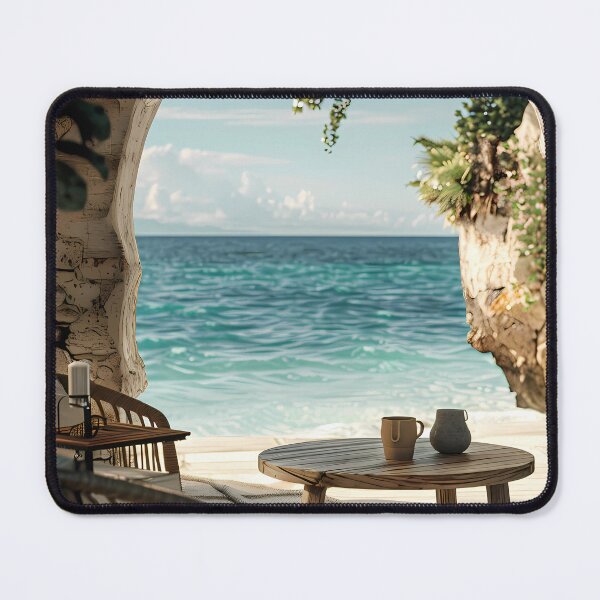 Item preview, Boho Coastal Terrace Ocean View Stone Archway Print designed and sold by Emberearth.
