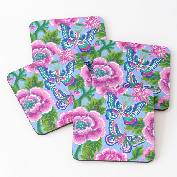 Item preview, Preppy chinoiserie flowers and butterflies in pink, green and perwinkle designed and sold by SophieClimaArt.
