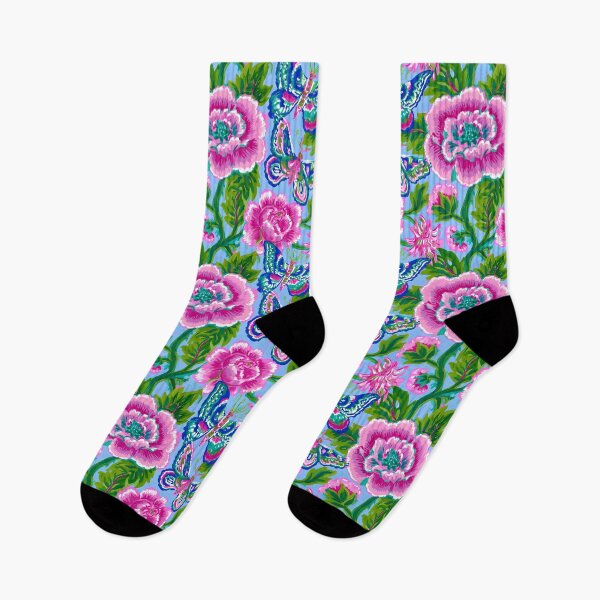 Item preview, Preppy chinoiserie flowers and butterflies in pink, green and perwinkle designed and sold by SophieClimaArt.