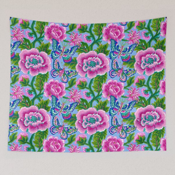 Item preview, Preppy chinoiserie flowers and butterflies in pink, green and perwinkle designed and sold by SophieClimaArt.