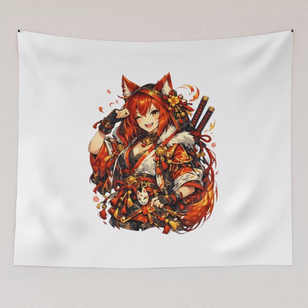 Item preview, Kitsune Samurai Girl with Fox Mask and Katana Swords designed and sold by IMOBILYARI VibeCore.