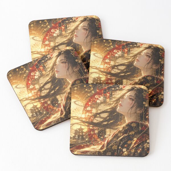 Item preview, Golden Japanese Kimono Girl Golden Sun Cyberpunk Fantasy Poster designed and sold by Japan-kanji-ya.