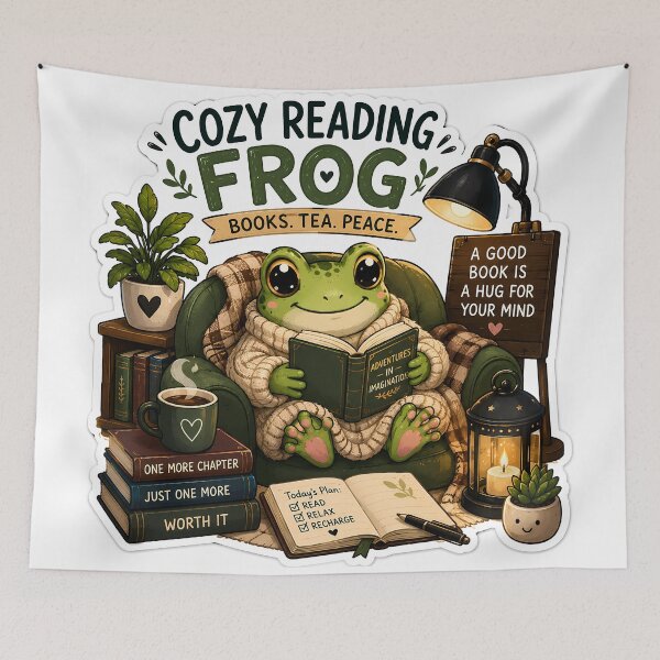 Item preview, Cozy Reading Frog Sticker | Book Lover Frog | Books Tea Peace | Cute Reading Aesthetic Sticker designed and sold by GenZStickerHub1.