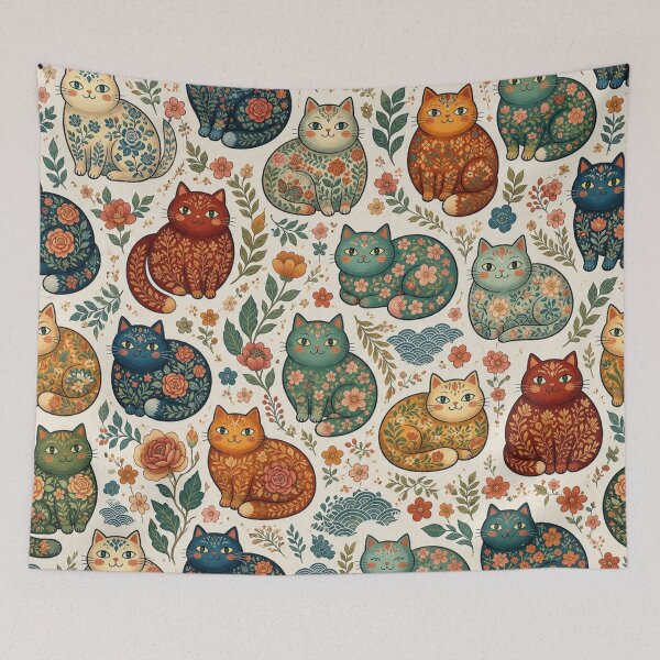 Item preview, Vintage Floral Folk Art Cat Pattern designed and sold by Iampoji.