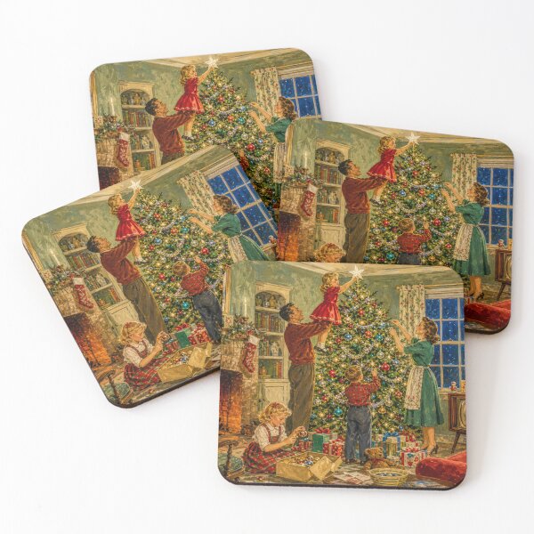 Item preview, 1950s Family Christmas Decorating the Tree Whimsical Vintage Holiday Illustration designed and sold by acceleratorhams.