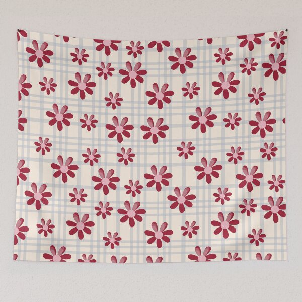 Item preview, ​Burgundy Pink Flowers on gray Plaid Pattern designed and sold by DreamyLayer.