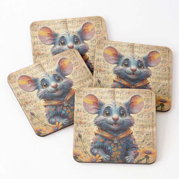 Item preview, Painterly Blue Mouse Character with Floral Symbolism and Vintage Music Flow designed and sold by FotoworldEdel.
