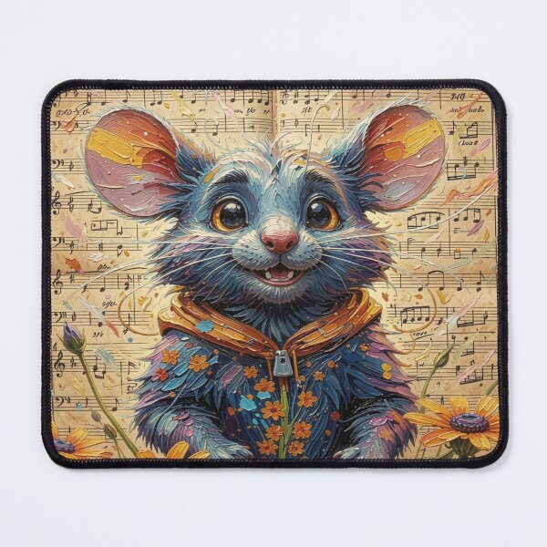 Item preview, Painterly Blue Mouse Character with Floral Symbolism and Vintage Music Flow designed and sold by FotoworldEdel.