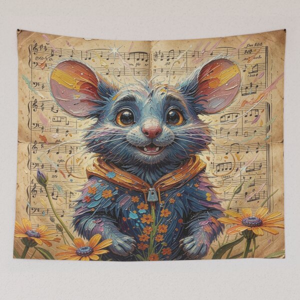Item preview, Painterly Blue Mouse Character with Floral Symbolism and Vintage Music Flow designed and sold by FotoworldEdel.