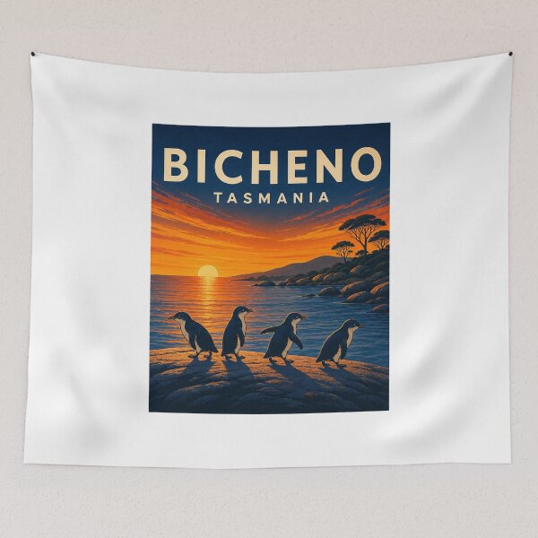 Item preview, Bicheno Tasmania Travel Art | Little Penguins and Coastal Illustration designed and sold by AMICO77.