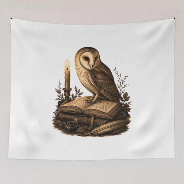Item preview, Vintage Barn Owl on Antique Books & Candle Sketch  designed and sold by Piising.