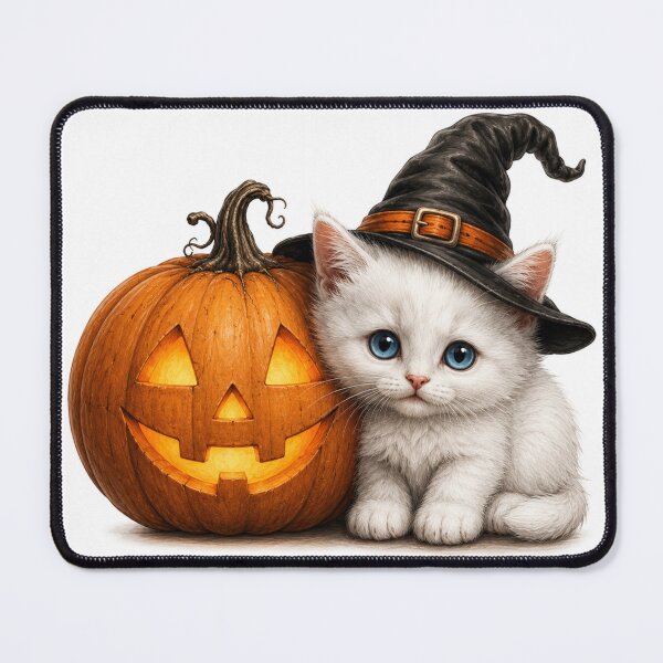 Item preview, Cute White Kitten with Halloween Pumpkin designed and sold by LovePrintArt.