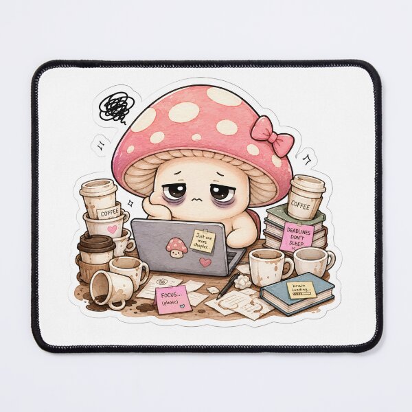 Item preview, Overworked Mushroom with Coffee | Funny Deadline Burnout Sticker designed and sold by BLOOMVELLE.