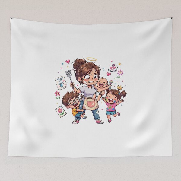 Item preview, Funny Overwhelmed Mom Cartoon Cooking Juggling Kids Graphic designed and sold by Krasnovaovaova.