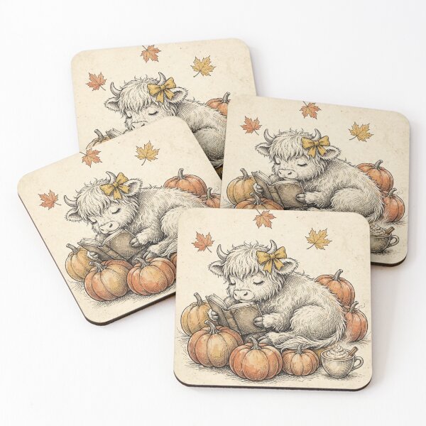 Item preview, Cozy Autumn Highland Cow Reading in Pumpkin Patch Vintage Fall Farmhouse Ink Sketch designed and sold by Yellowriversss.