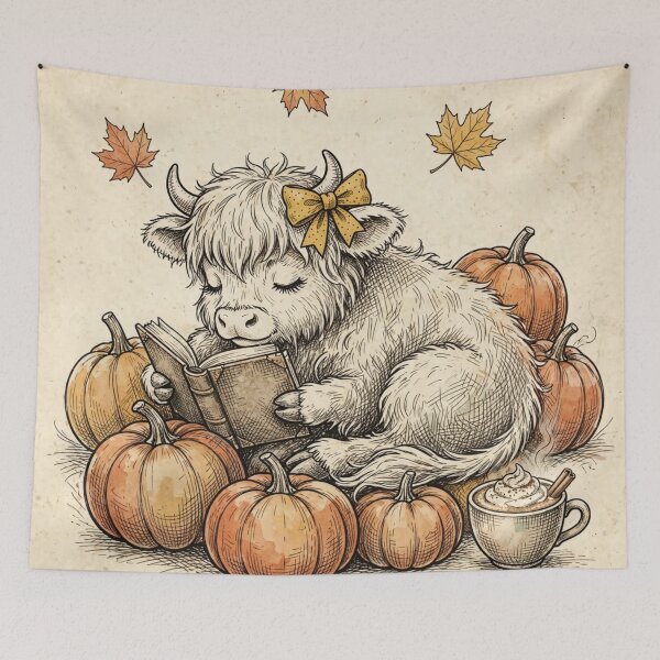 Item preview, Cozy Autumn Highland Cow Reading in Pumpkin Patch Vintage Fall Farmhouse Ink Sketch designed and sold by Yellowriversss.