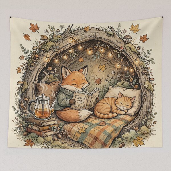 Item preview, Cozy Fox Reading How To Cozy Vintage Autumn Cottagecore Throw with Orange Cat and French Press designed and sold by Yellowriversss.