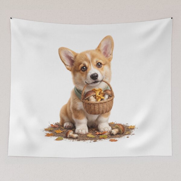 Item preview, Corgi with a Basket of Mushrooms designed and sold by Helenaphotoart.