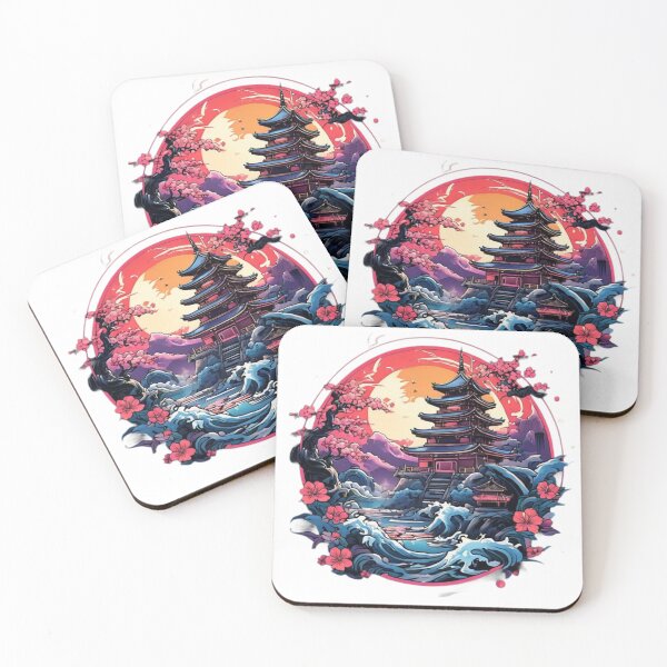 Item preview, Japanese Pagoda Red Sun Cherry Blossoms Aesthetic Anime Art designed and sold by GlowAura7.