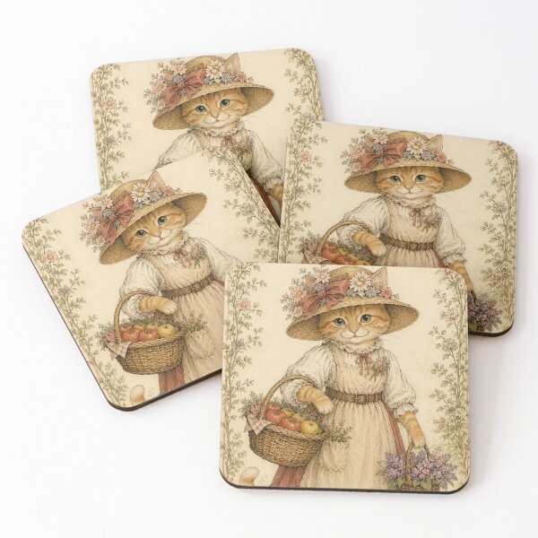 Item preview, Vintage Cottagecore Cat in Straw Hat - Storybook Autumn Illustration designed and sold by Ellanor0.