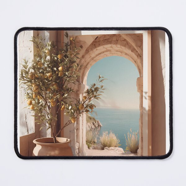 Item preview, Mediterranean Stone Archway Sea View - Lemon Tree Art Print designed and sold by Emberearth.