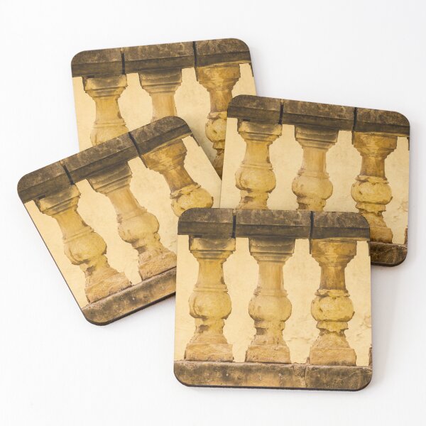 Item preview, Weathered Stone Balustrade With Antique Balusters In Warm Yellow Light And Textured Wall designed and sold by Nmallia.