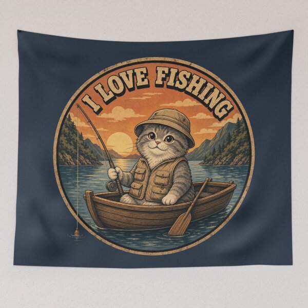 Item preview, Retro Fishing Cat Outdoor Graphic – Cute Cat Fishing Lover Badge Art designed and sold by BLUESKY11a.