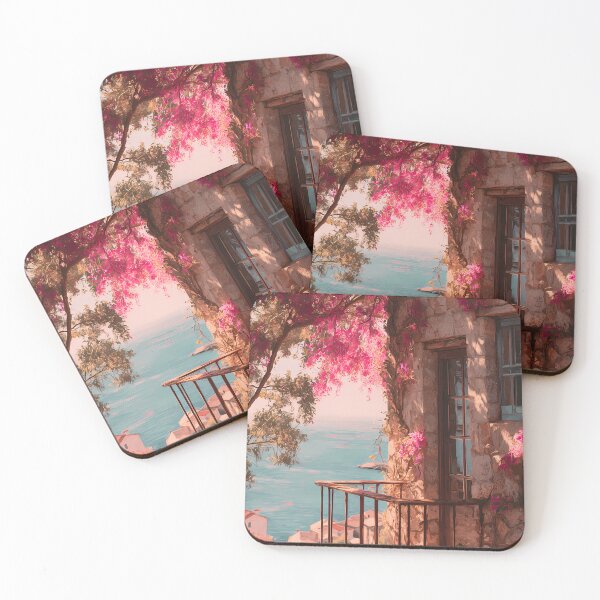 Item preview, Pink Bougainvillea Stone Balcony Sea View - Mediterranean Art Print designed and sold by Emberearth.