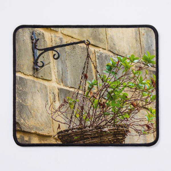 Item preview, Rustic Hanging Basket With Green Plants Against Weathered Stone Wall In Outdoor Decor designed and sold by Nmallia.